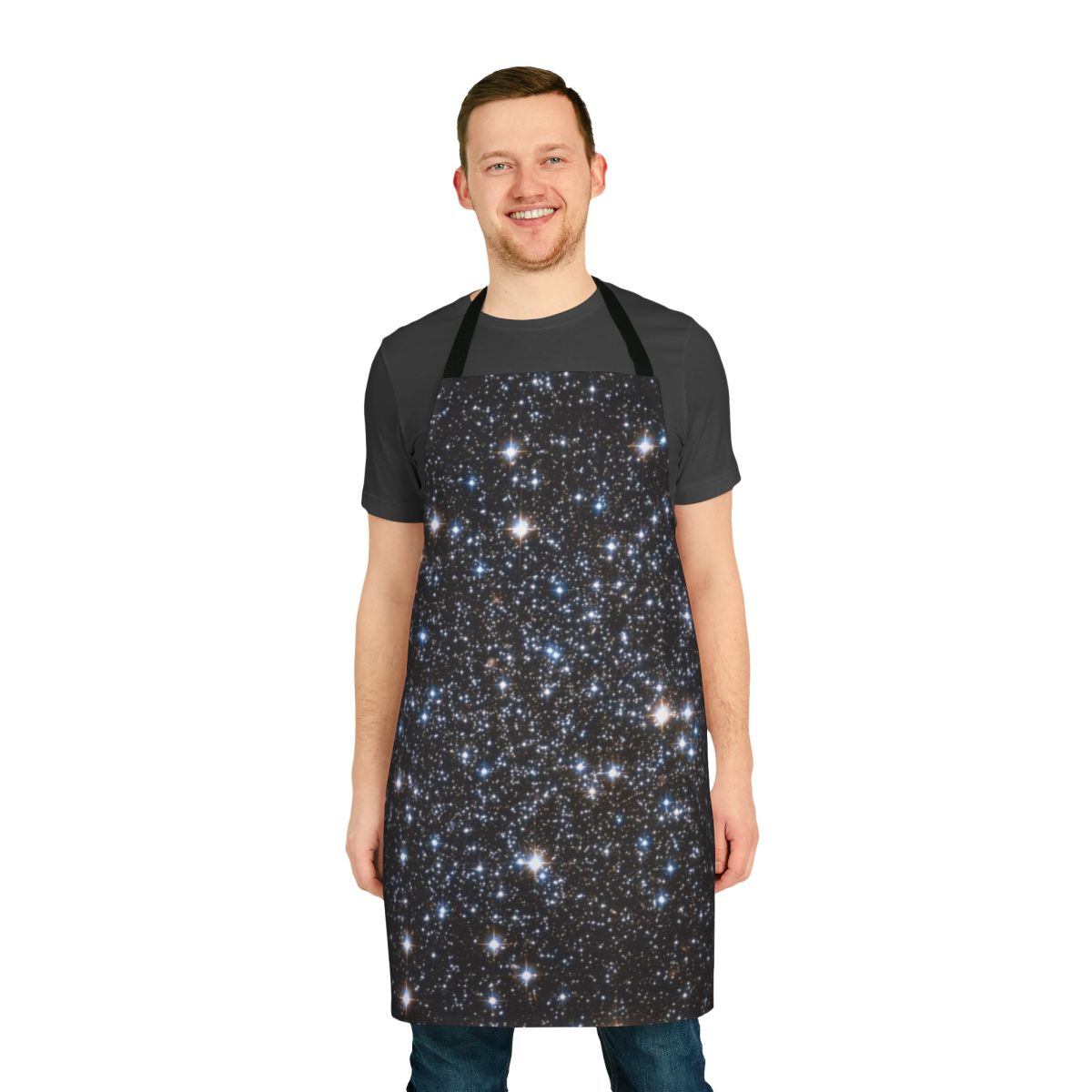 Glittering galaxy apron with stars, nebulae, and cosmic elements