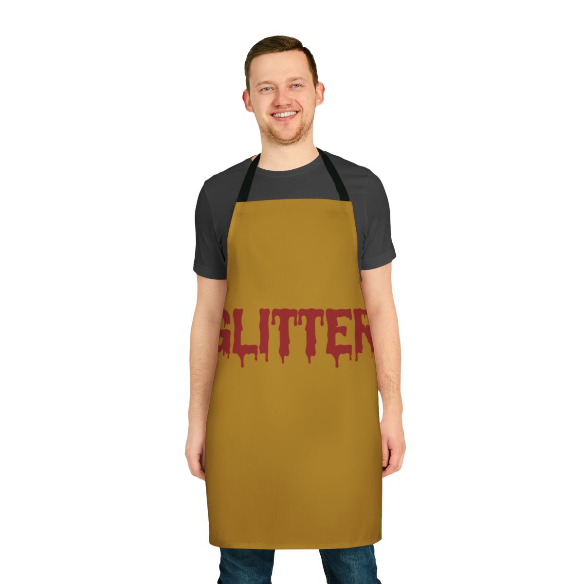 Glittery gothic horror metal punk apron with blood and glitter typography design