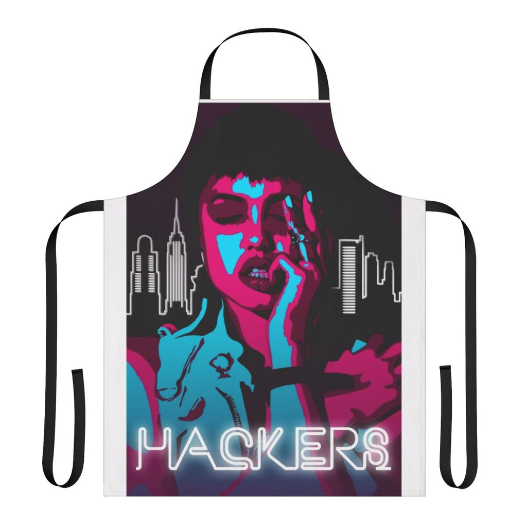 Neon green and pink glowing apron with "Hackers" text, inspired by 90s fashion.