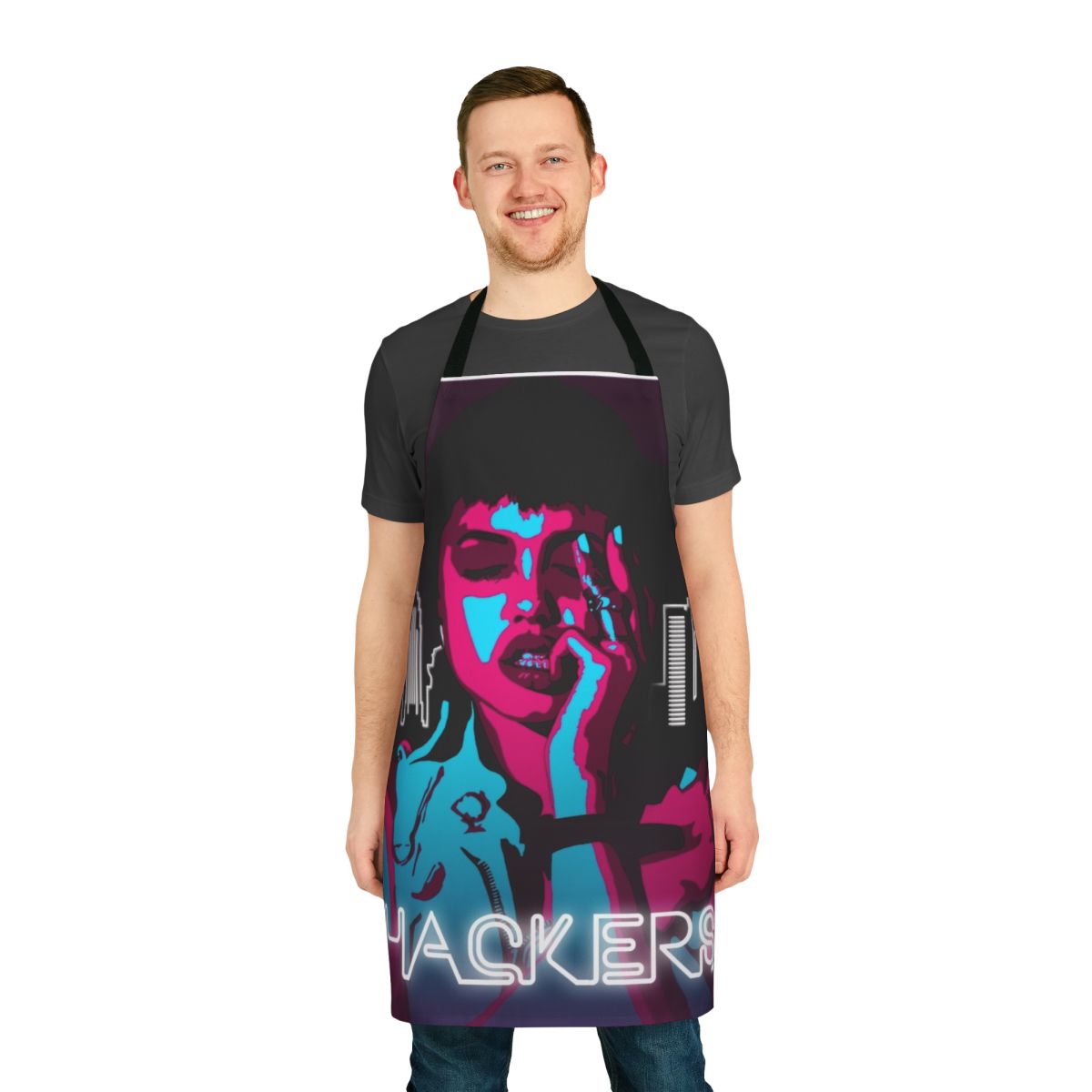 Neon green and pink glowing apron with "Hackers" text, inspired by 90s fashion.