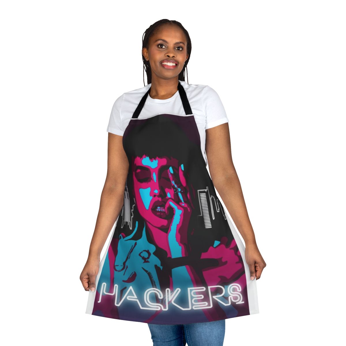 Neon green and pink glowing apron with "Hackers" text, inspired by 90s fashion.