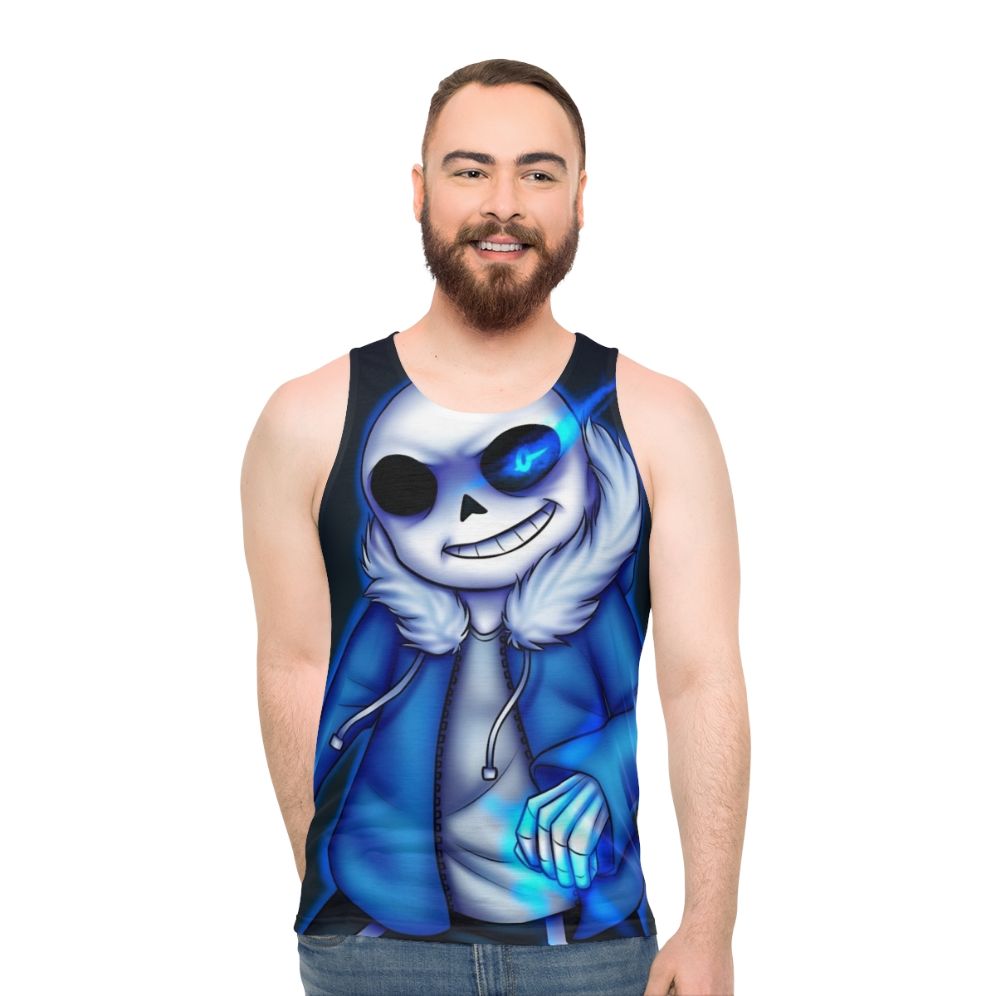 Glowing blue-eyed Sans skeleton unisex tank top
