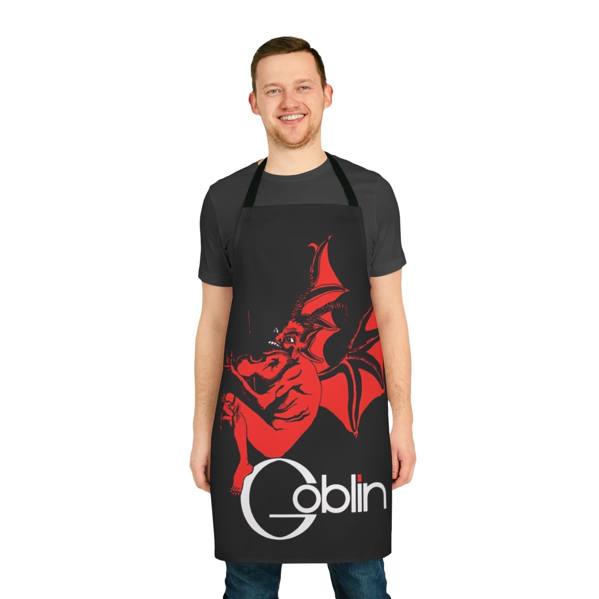 Apron featuring a goblin-inspired logo design, perfect for progressive rock fans.