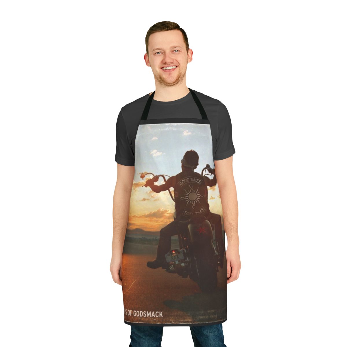 Godsmack inspired apron featuring the "Good Times Bad Times" 10-year logo design