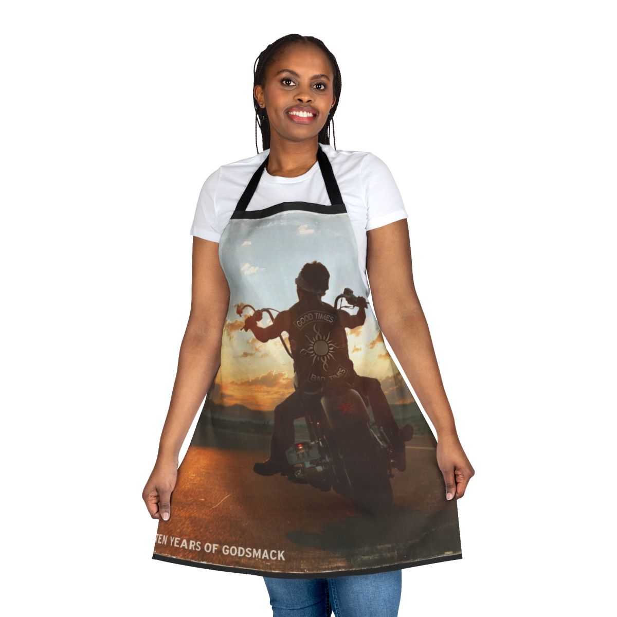 Godsmack inspired apron featuring the "Good Times Bad Times" 10-year logo design