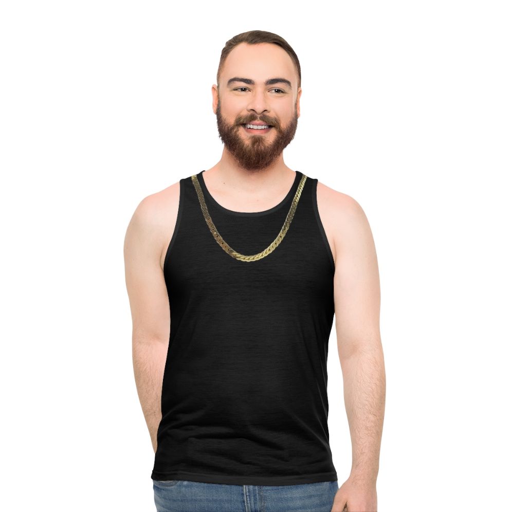 Model wearing gold chain unisex tank top
