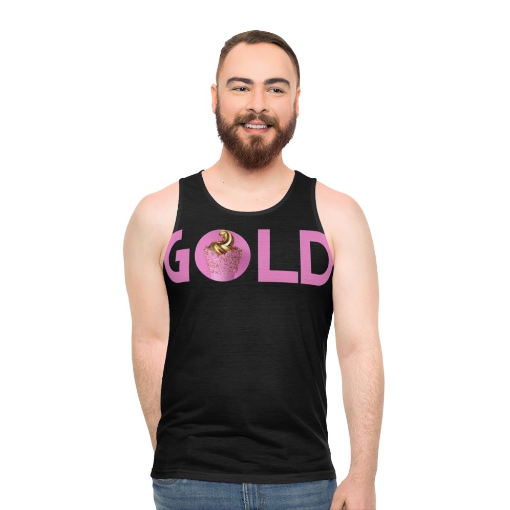 Gold and pink unisex tank top with a galaxy design