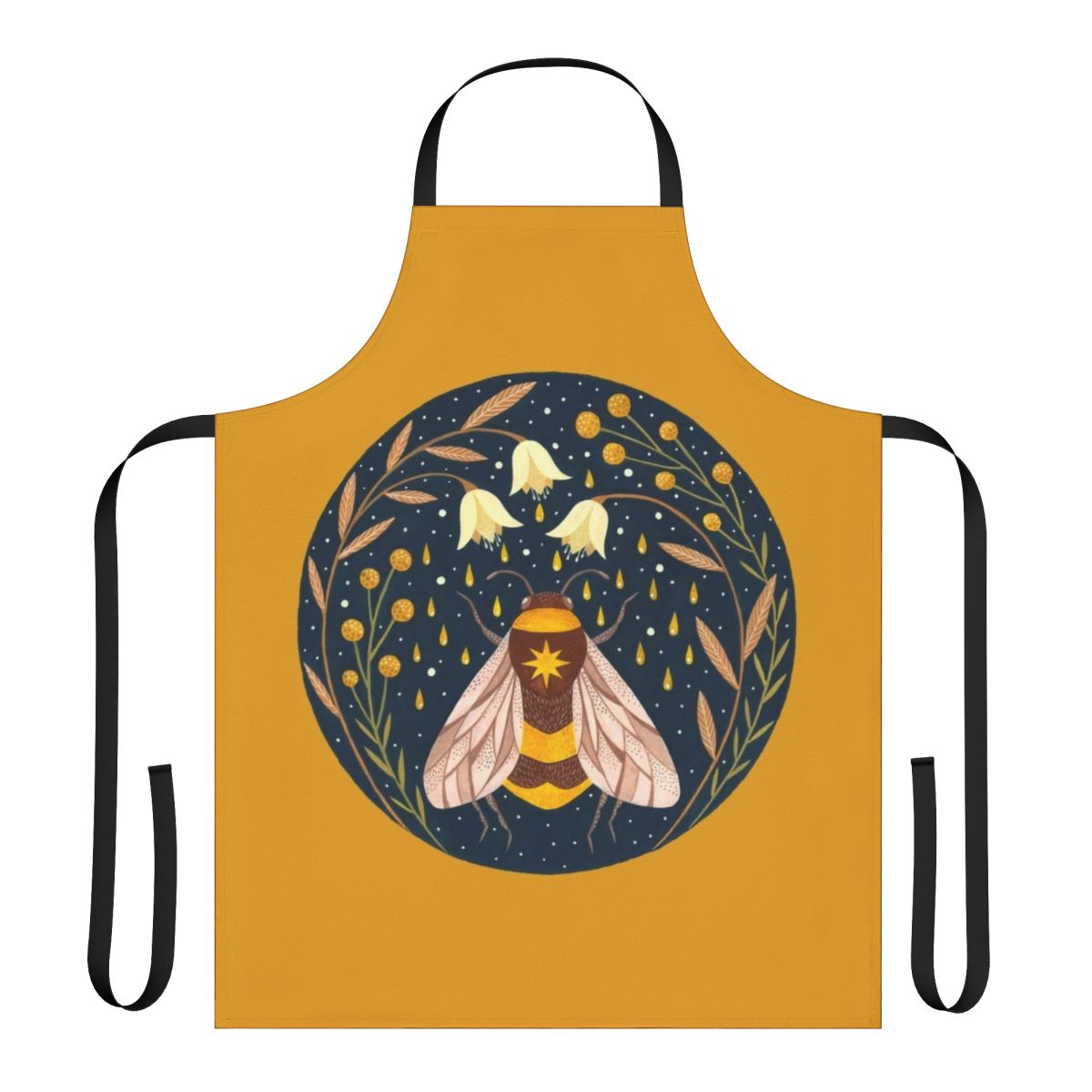 Golden apron featuring a floral and bee design, ideal for beekeepers and bee lovers