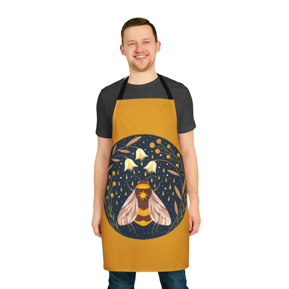 Golden apron featuring a floral and bee design, ideal for beekeepers and bee lovers
