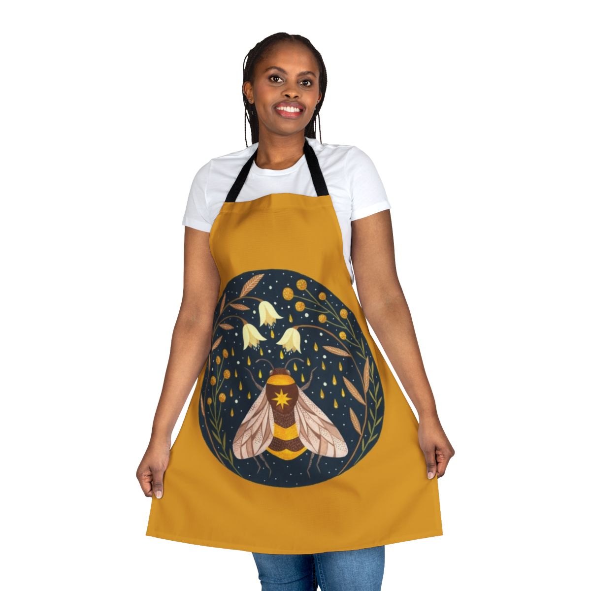 Golden apron featuring a floral and bee design, ideal for beekeepers and bee lovers