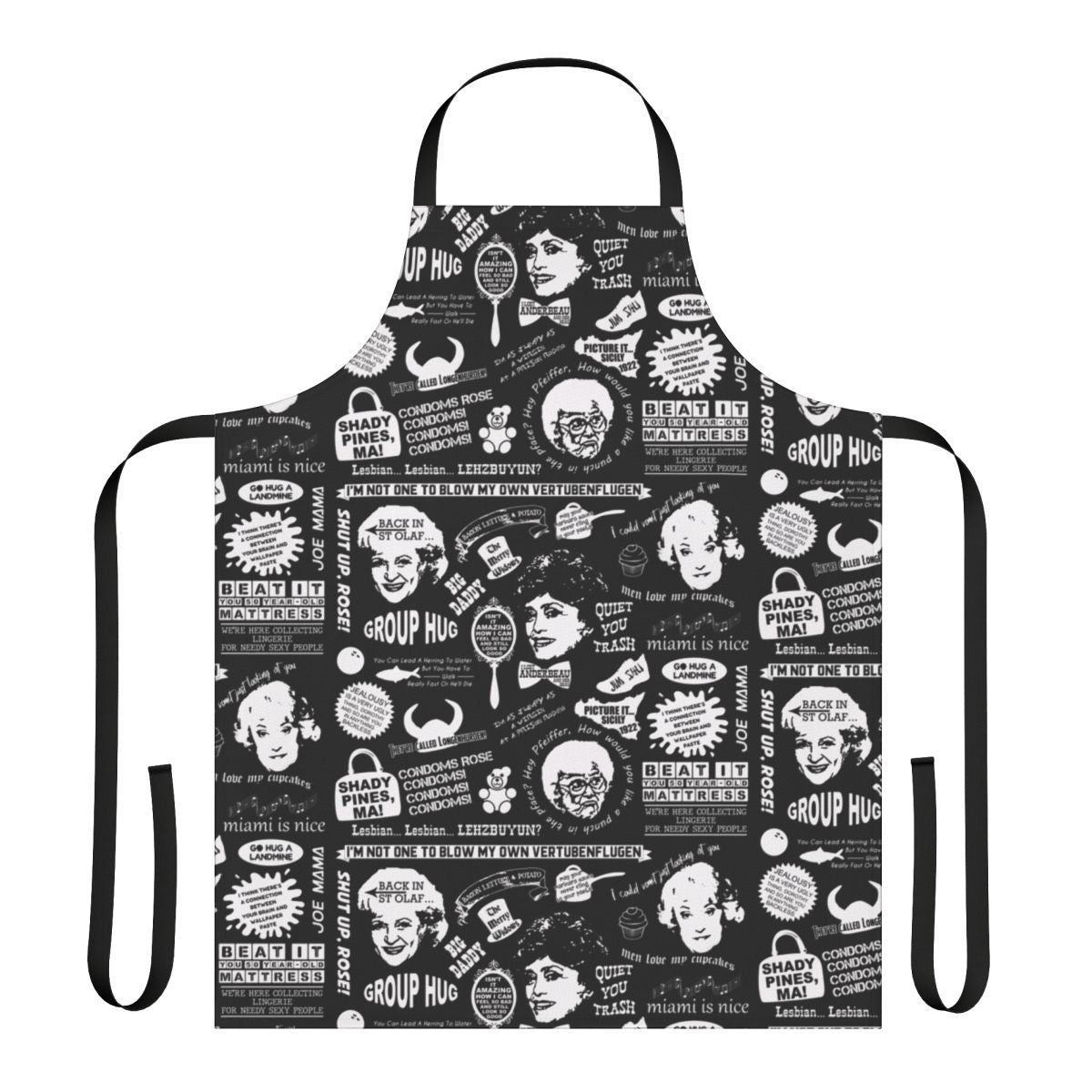 Golden Girls themed apron with iconic characters and vintage 80s sitcom style