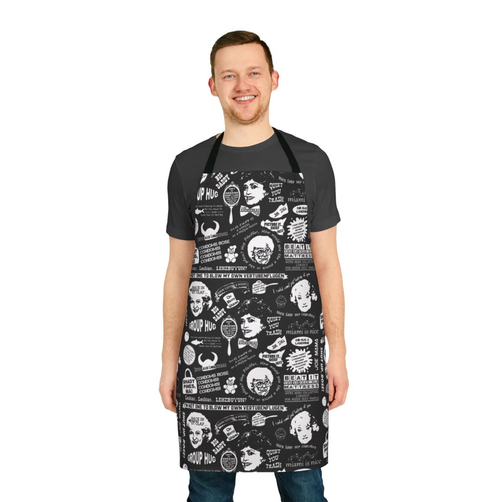 Golden Girls themed apron with iconic characters and vintage 80s sitcom style