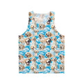 Golden retriever puppies playing in a sunny blue sky background