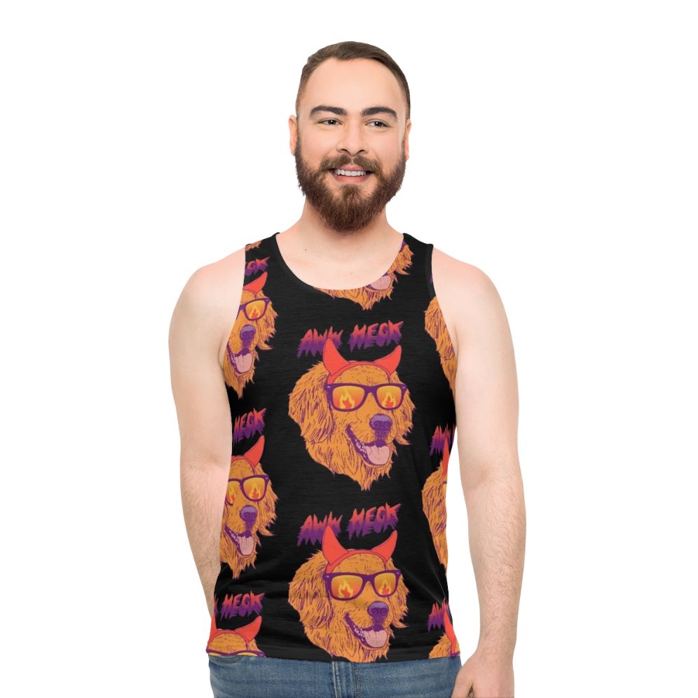 Golden retriever puppy wearing sunglasses and devil horns on a retro-style tank top