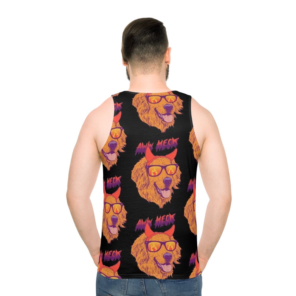 Golden retriever puppy wearing sunglasses and devil horns on a retro-style tank top