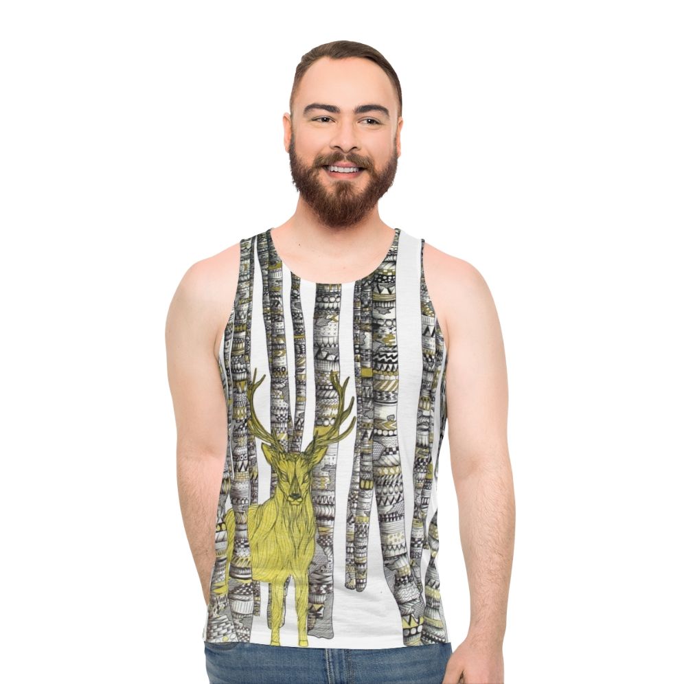 Unisex tank top with golden stag design in forest