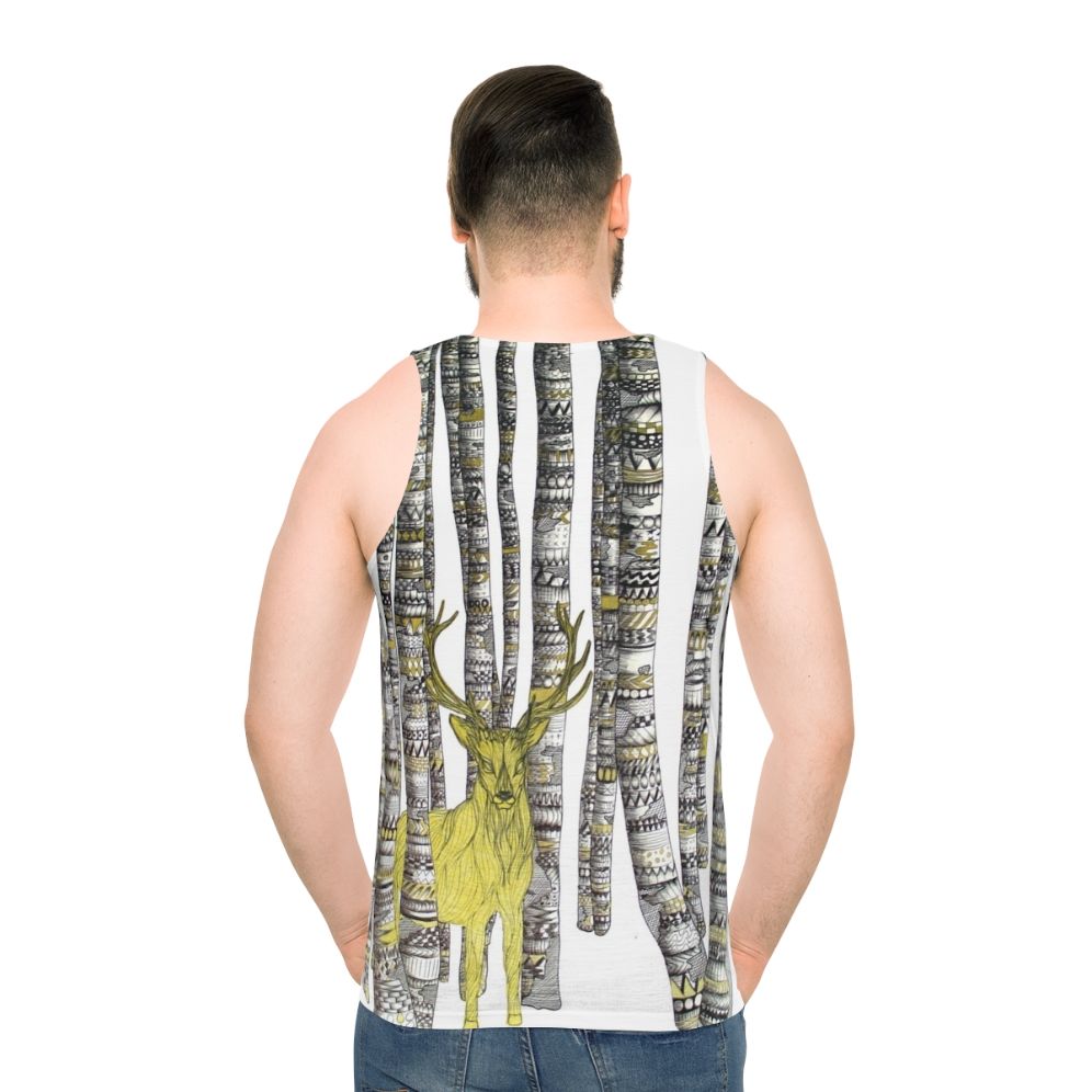 Unisex tank top with golden stag design in forest