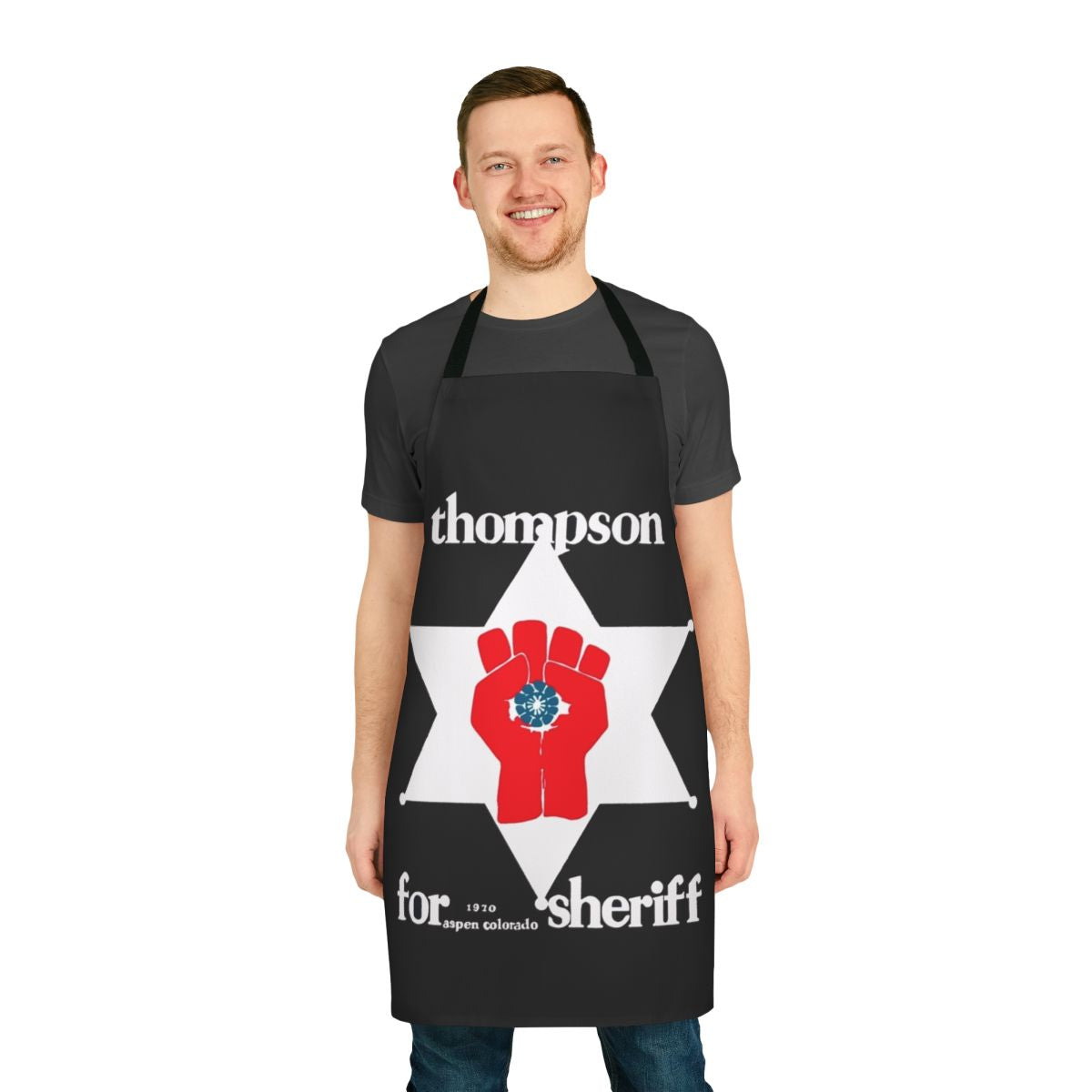 Stylized apron featuring the iconic Hunter S. Thompson "sheriff" logo and psychedelic elements