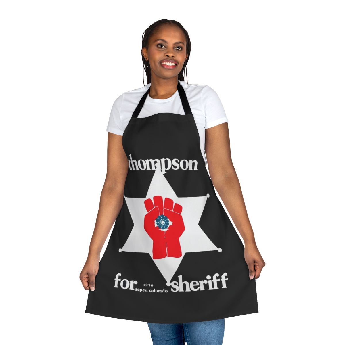Stylized apron featuring the iconic Hunter S. Thompson "sheriff" logo and psychedelic elements