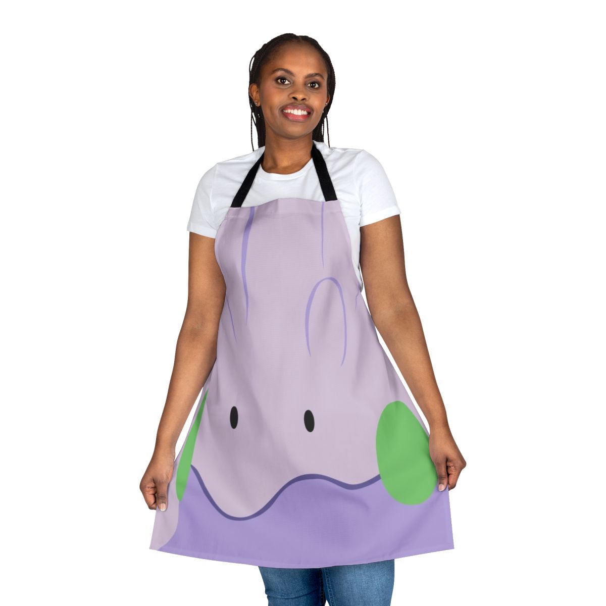 A high-quality apron featuring the adorable Pokemon character Goomy, perfect for cooking and kitchen activities.