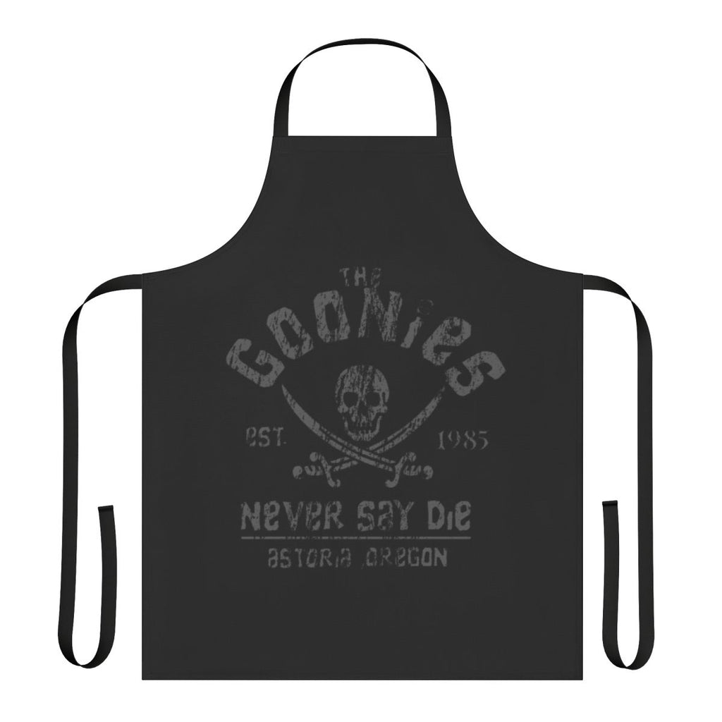 A grey and black apron featuring a pirate skull and crossbones design inspired by the classic movie "The Goonies".