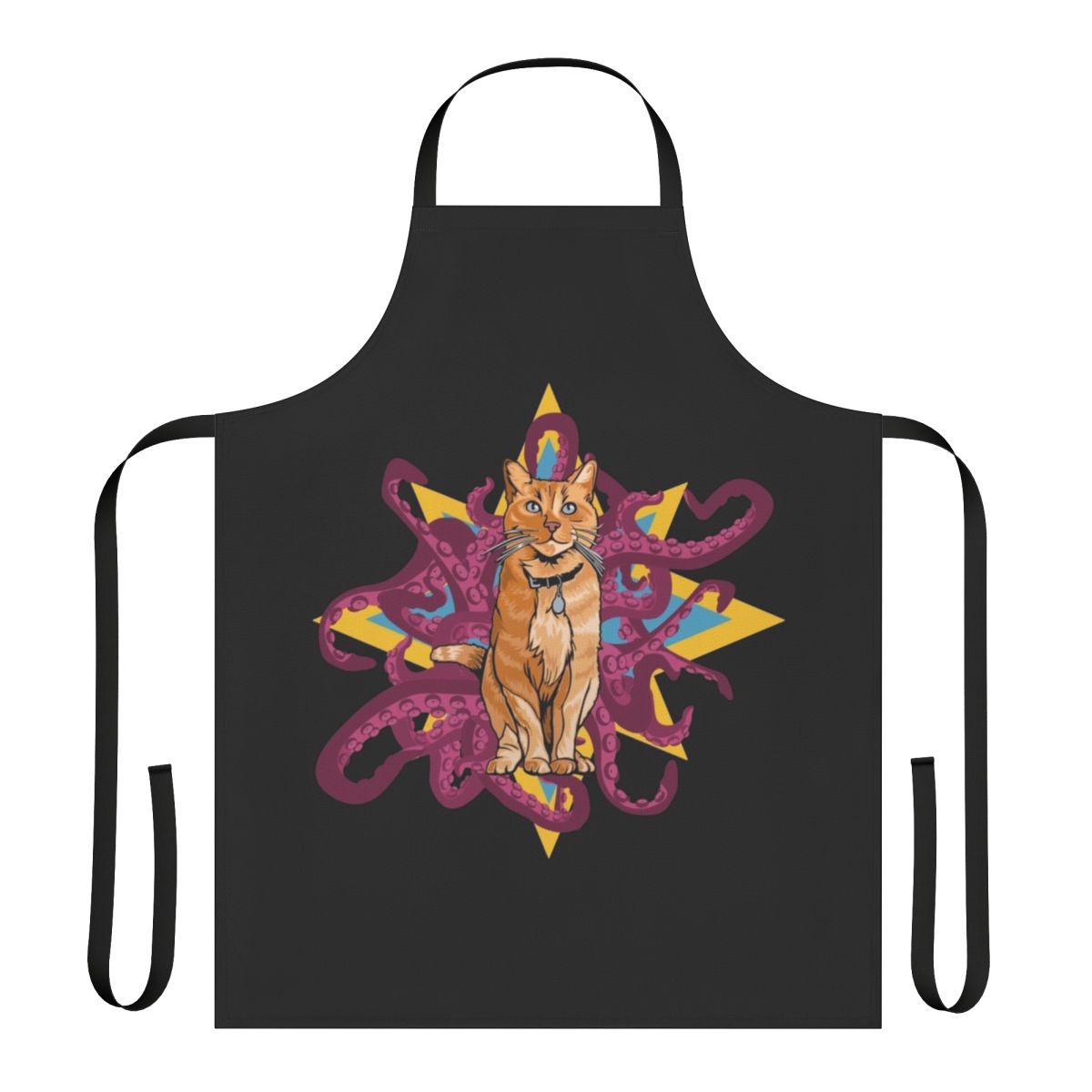 A black and white apron featuring the alien cat Goose from the Marvel Cinematic Universe movie Captain Marvel, with its signature tentacles emerging.