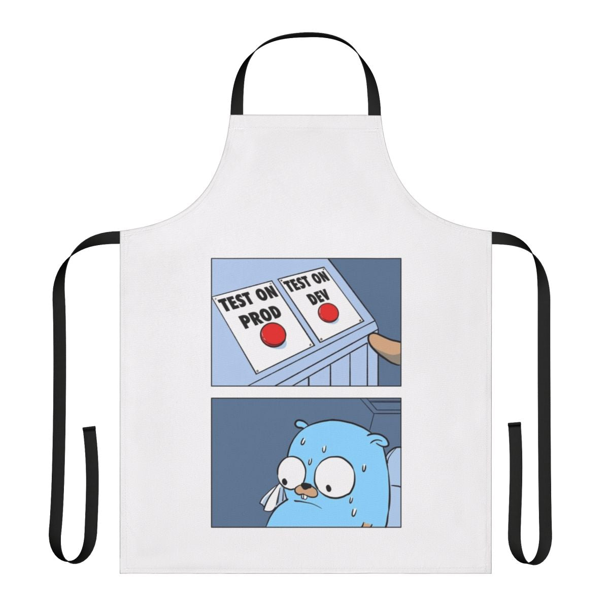 A gopher-themed apron with two buttons, suitable for Go programmers and developers.