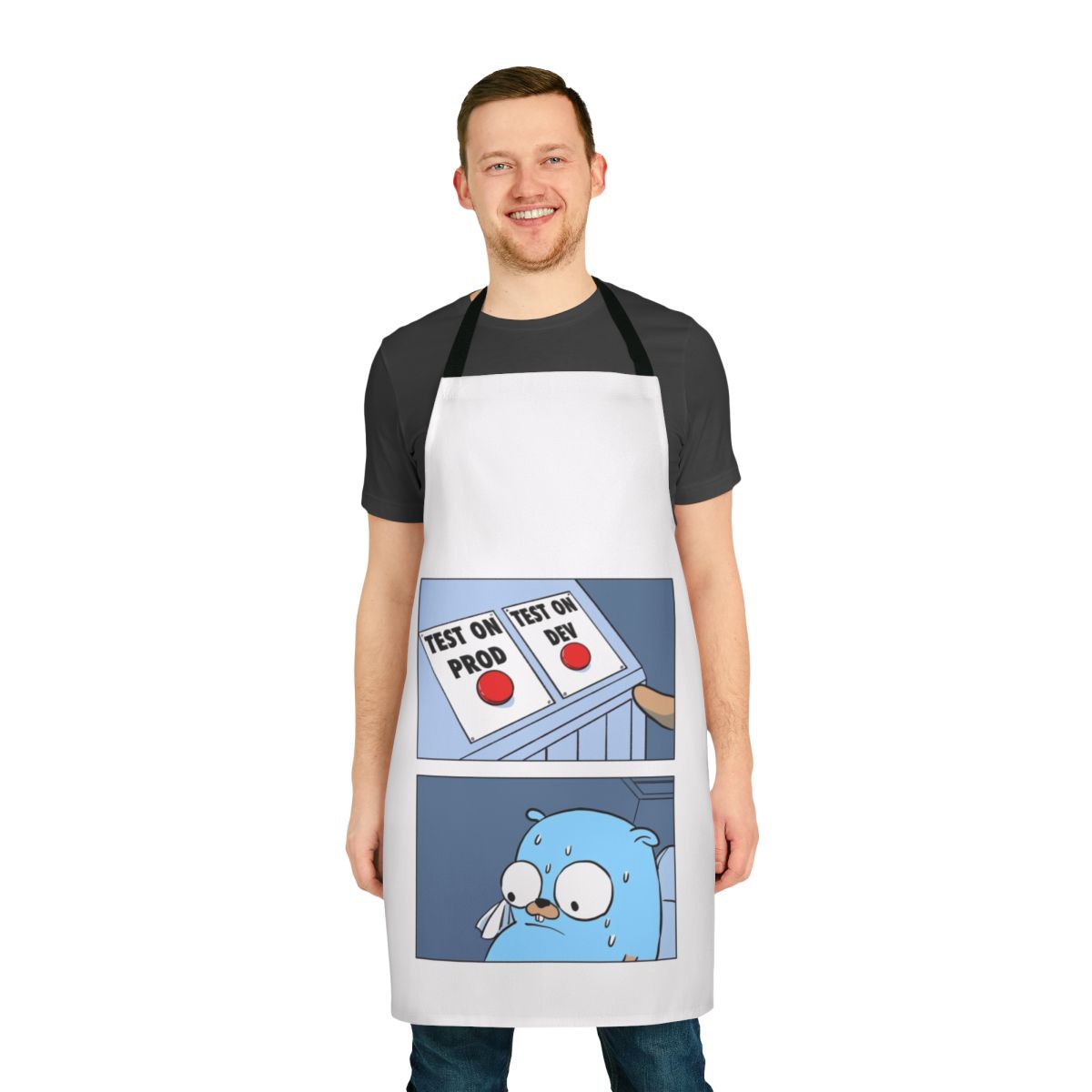 A gopher-themed apron with two buttons, suitable for Go programmers and developers.
