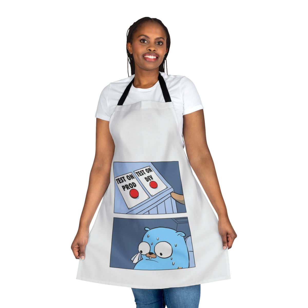 A gopher-themed apron with two buttons, suitable for Go programmers and developers.