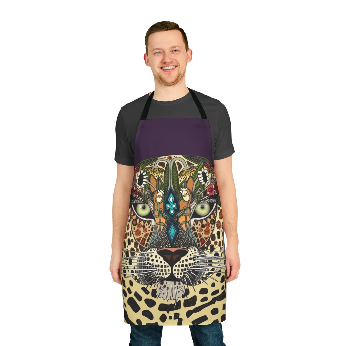 Stunning leopard print floral design on a high-quality apron