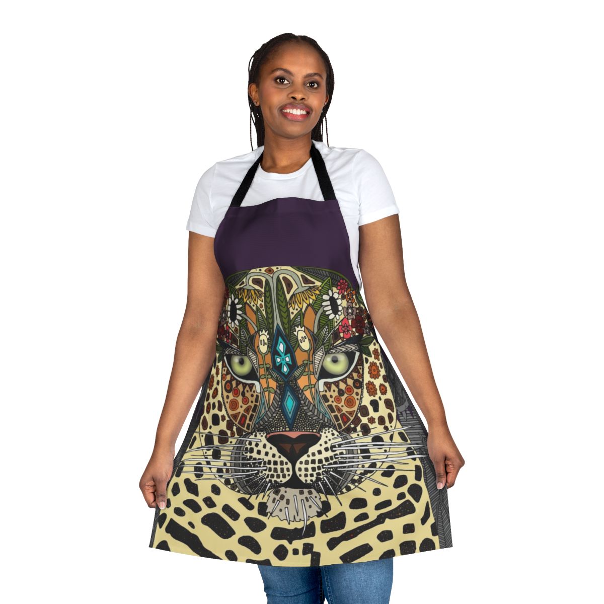 Stunning leopard print floral design on a high-quality apron