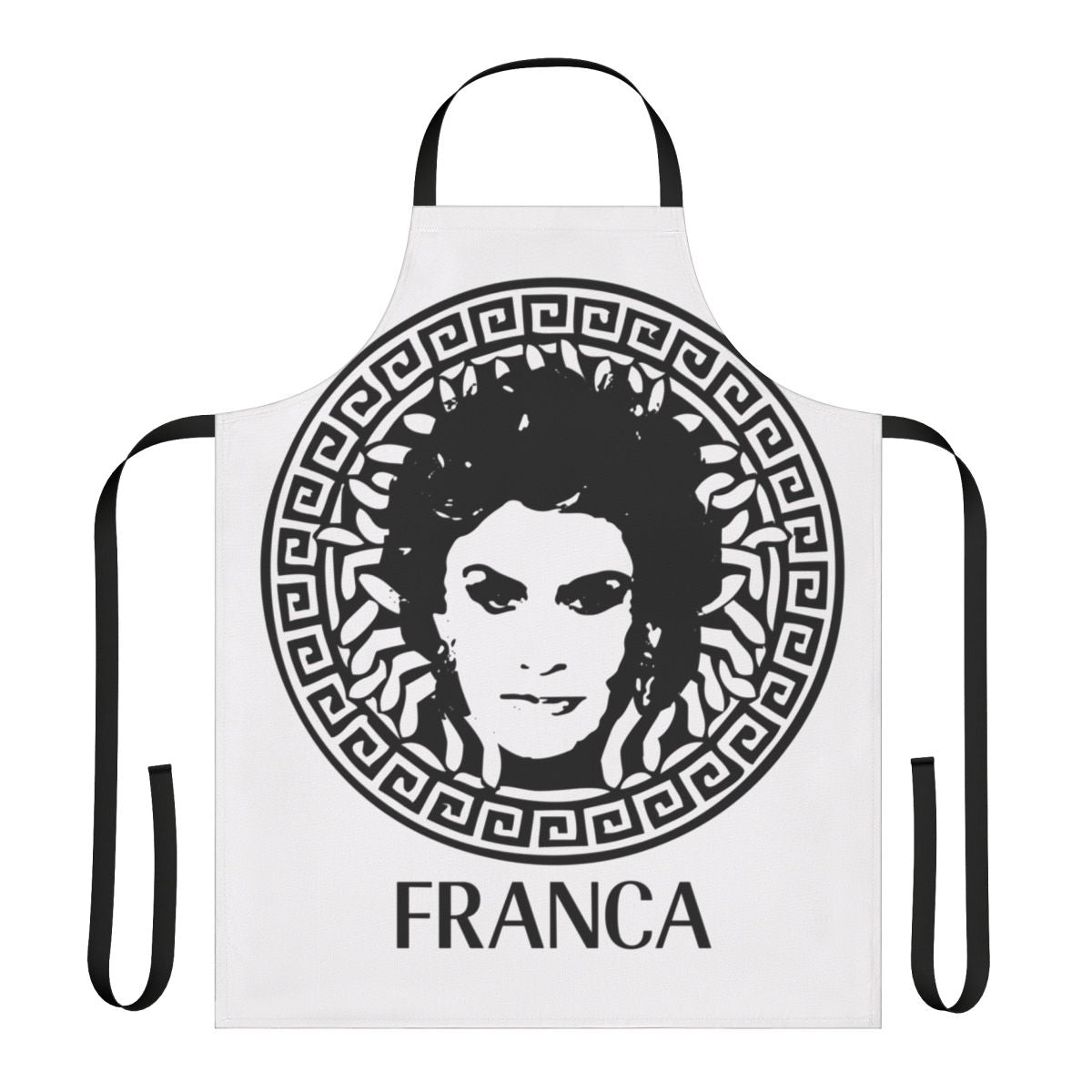 Gorgon-inspired apron featuring a bold, mythological design