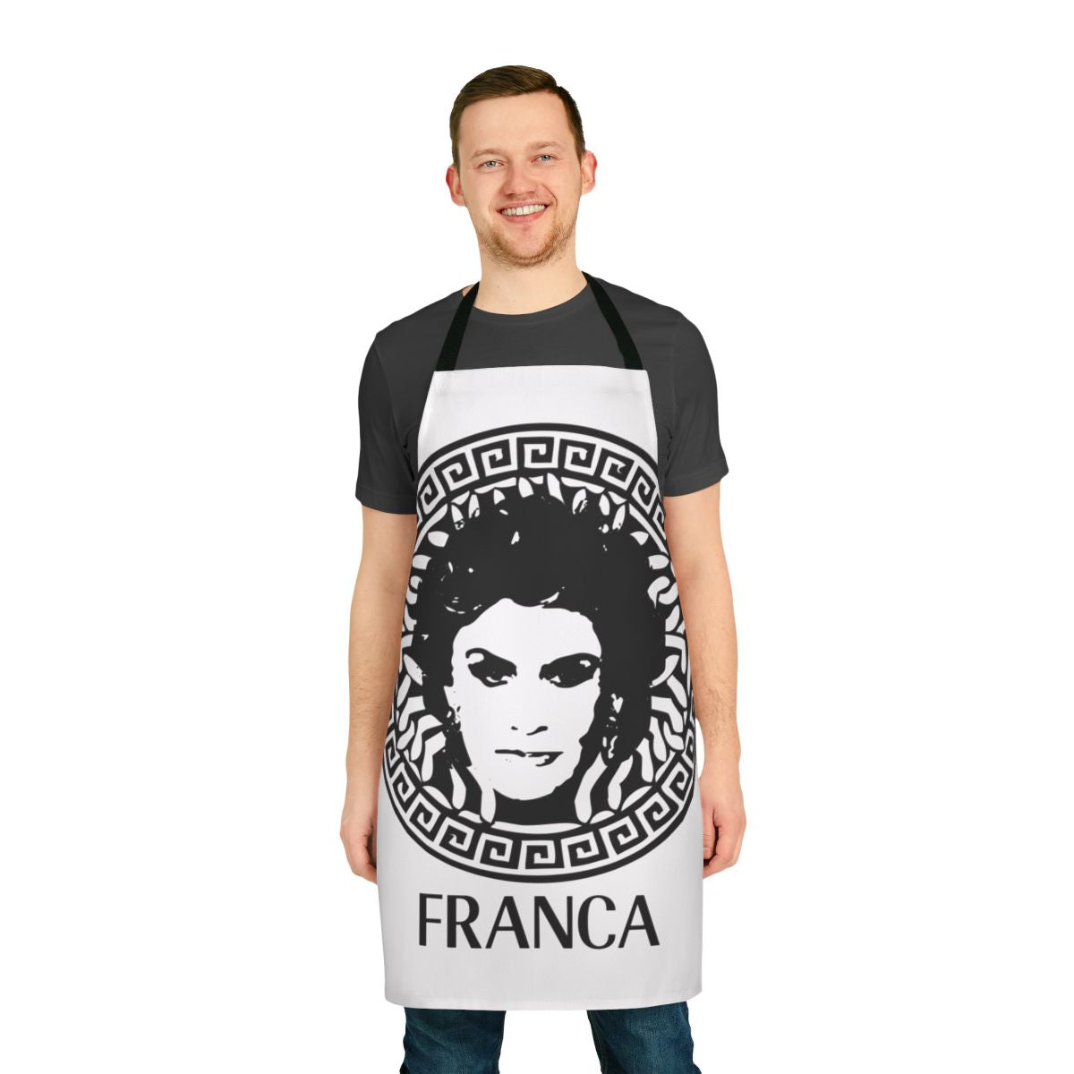 Gorgon-inspired apron featuring a bold, mythological design