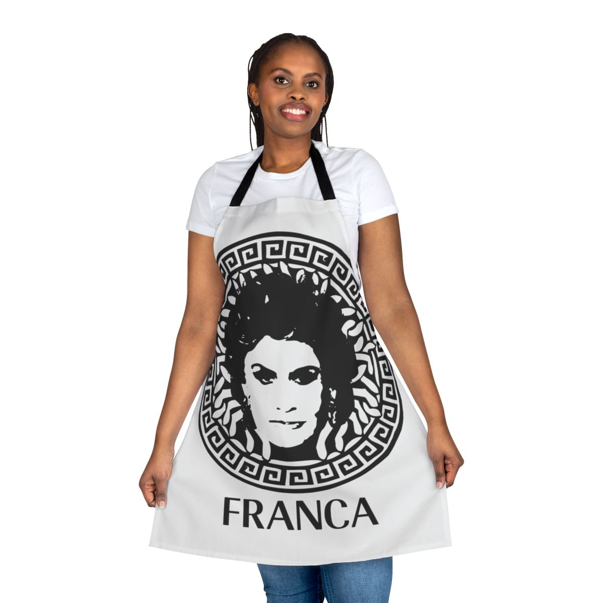 Gorgon-inspired apron featuring a bold, mythological design