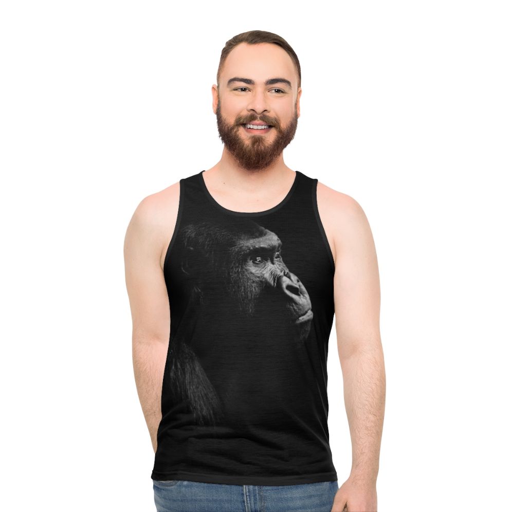Black tank top with a graphic design of a gorilla