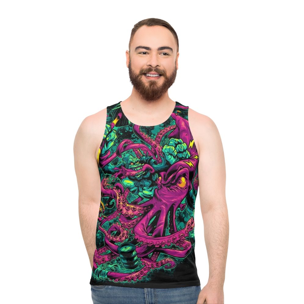 Gorilla vs Architeuthis unisex tank top with an animal battle design