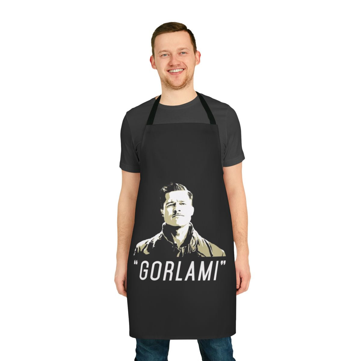 "Gorlami" inspired cooking apron featuring a design referencing the film Inglorious Basterds