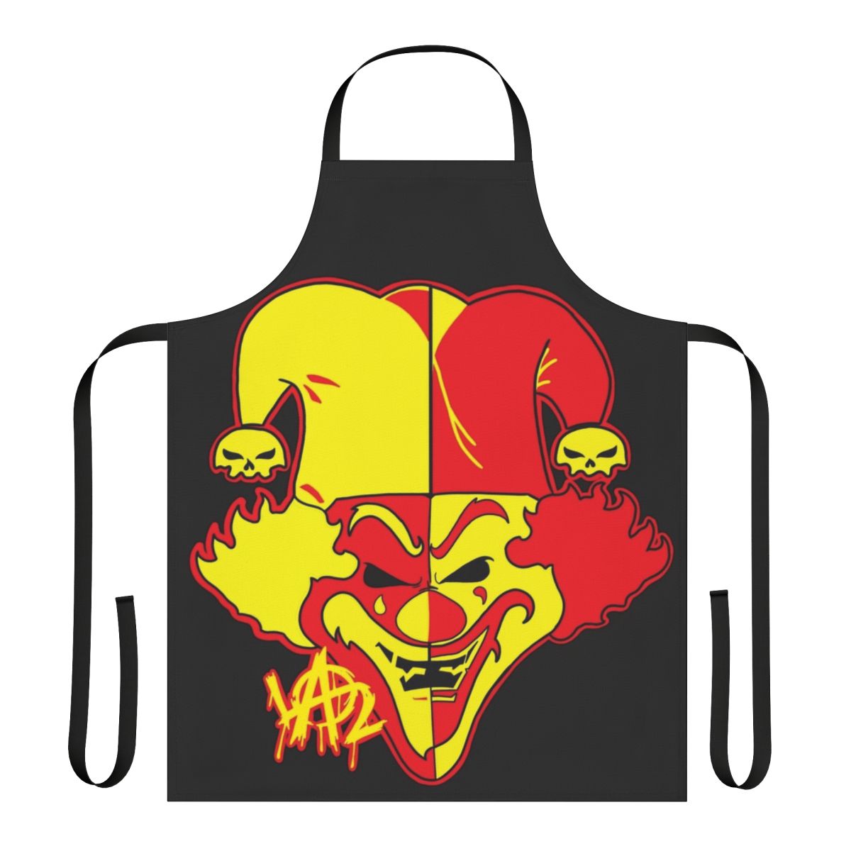 A black apron with a bloody, slasher-style design, perfect for horror-themed culinary adventures.