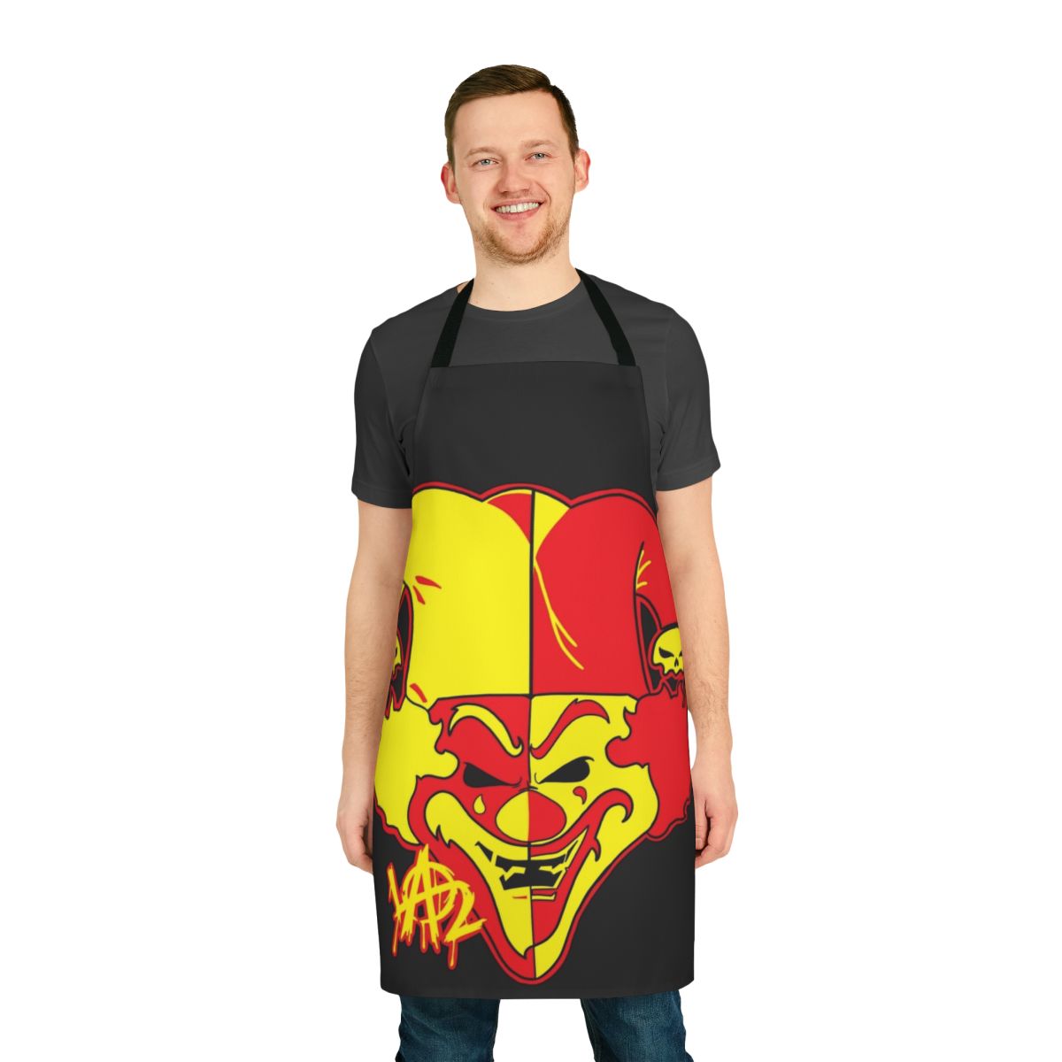 A black apron with a bloody, slasher-style design, perfect for horror-themed culinary adventures.