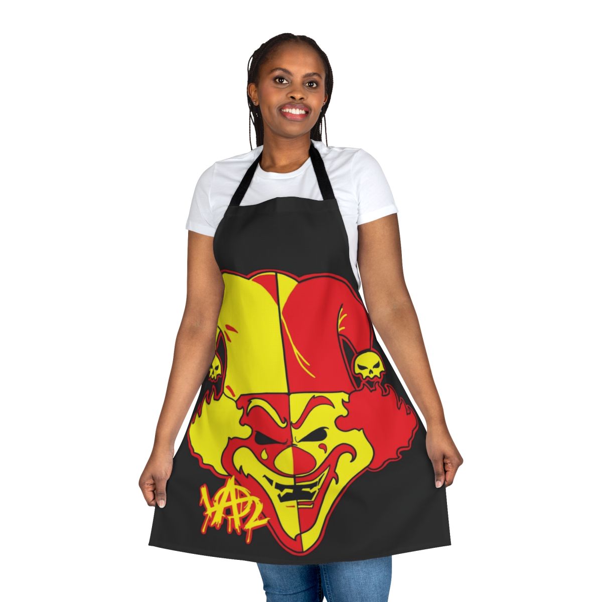 A black apron with a bloody, slasher-style design, perfect for horror-themed culinary adventures.