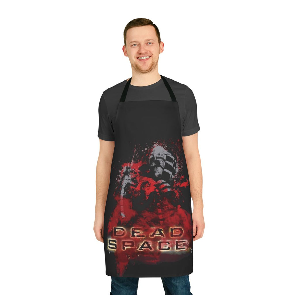 A bold and bloody apron inspired by the Dead Space video game series, featuring the iconic engineer Isaac Clarke.