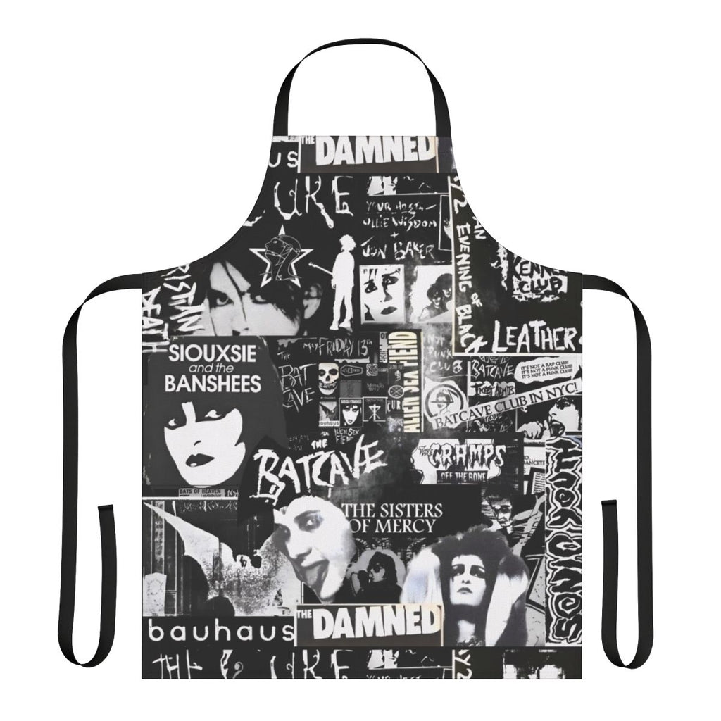 A black and white goth-inspired apron with a collage-style design featuring bats, The Cure, and Siouxie.