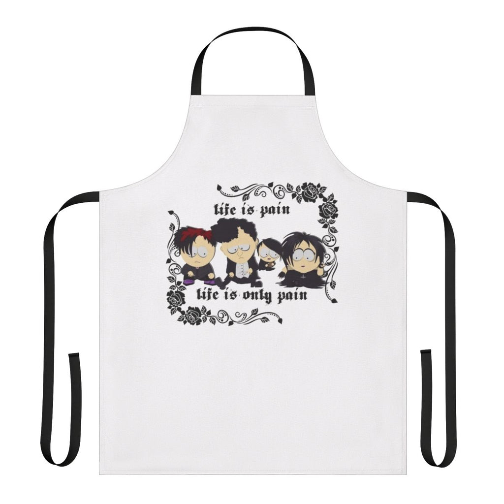 South Park-inspired goth apron with "Life Is Pain" text and gothic imagery