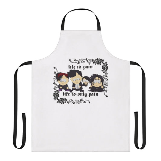 South Park-inspired goth apron with "Life Is Pain" text and gothic imagery