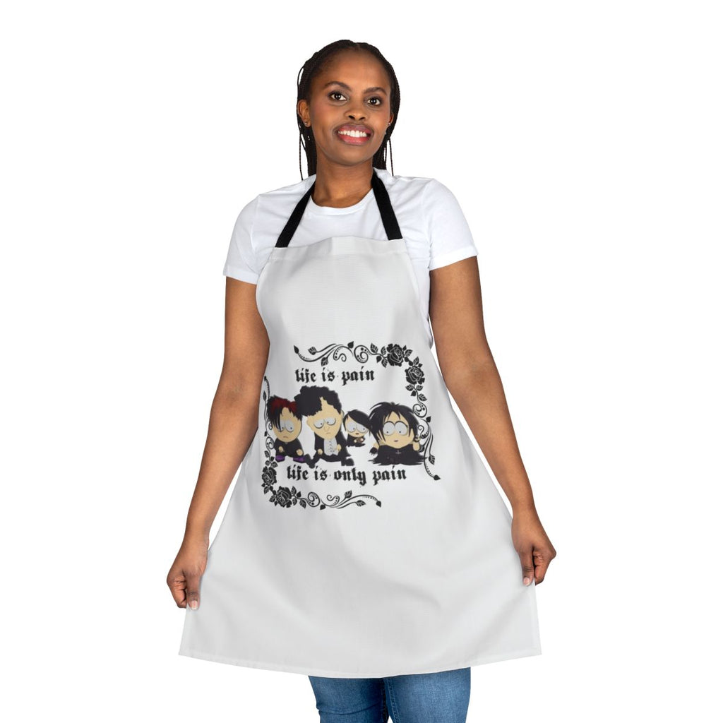 South Park-inspired goth apron with "Life Is Pain" text and gothic imagery