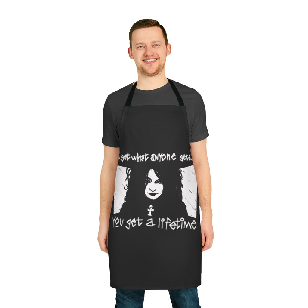 Goth-style apron featuring imagery and quotes from the Sandman comic series
