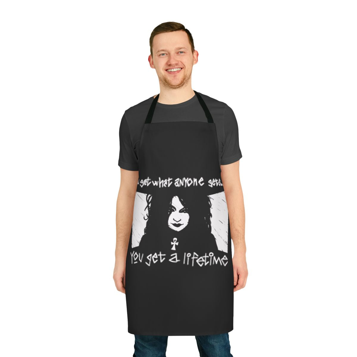 Goth-style apron featuring imagery and quotes from the Sandman comic series