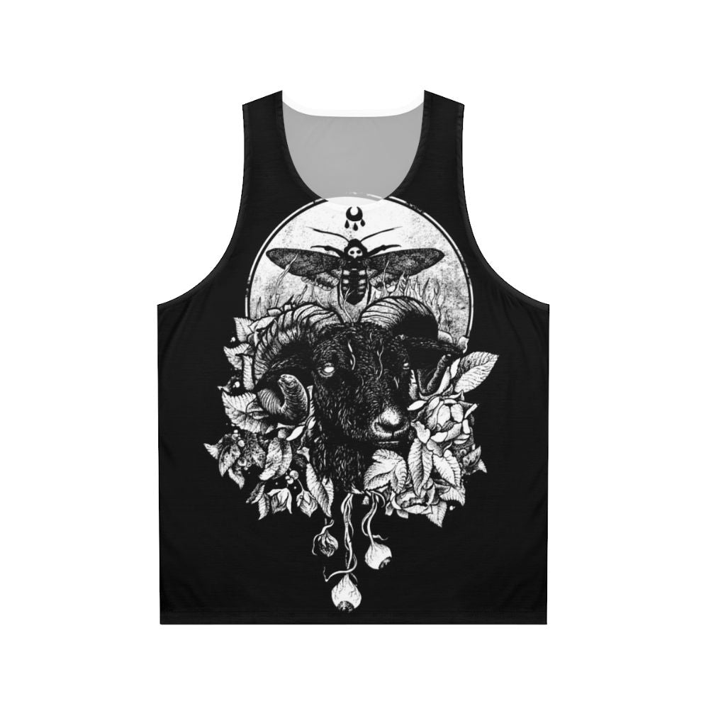 Goth unisex tank top with occult, metal, and nature inspired design