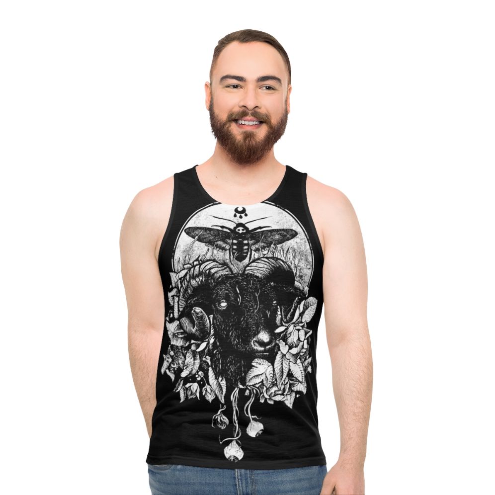 Goth unisex tank top with occult, metal, and nature inspired design