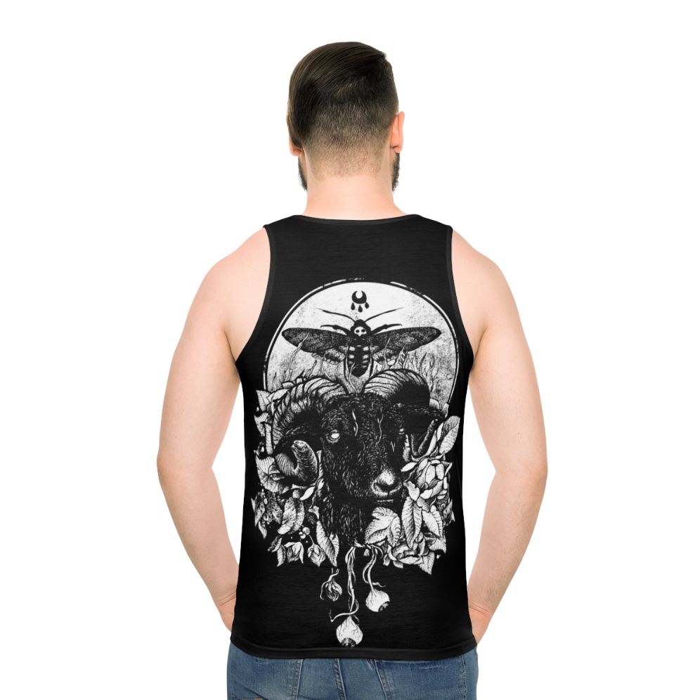 Goth unisex tank top with occult, metal, and nature inspired design